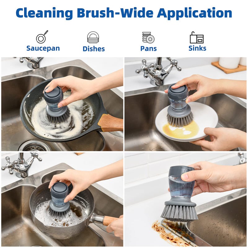 SUBEKYU Dish Brush with Soap Dispenser  Kitchen Dish Scrubbers Set with Draining Tray for Washing Dishes/Pots  Grey  Set of 2 - Image 4
